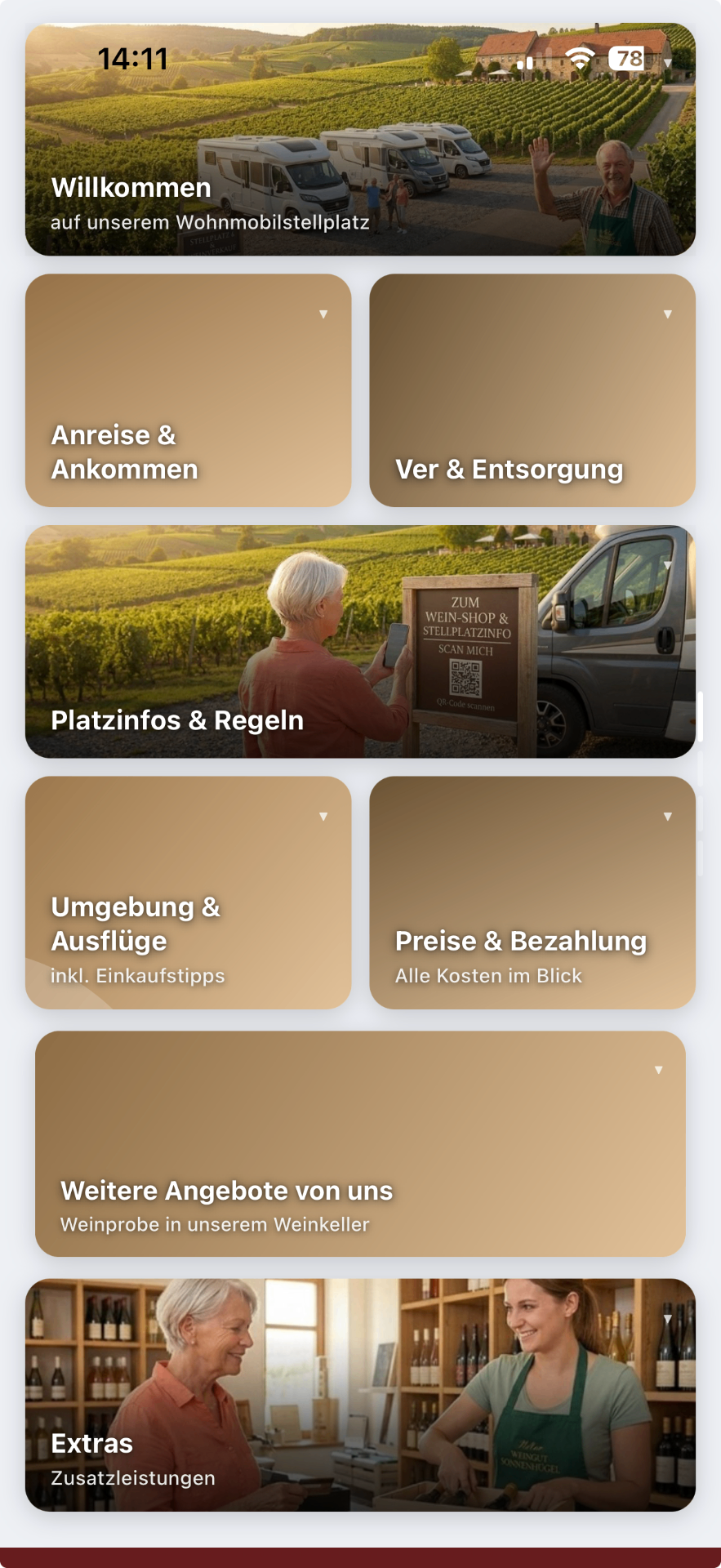 SlideCard Vino – Gäste-Version mit Willkommen, Platzinfos, Hofladen & Extras