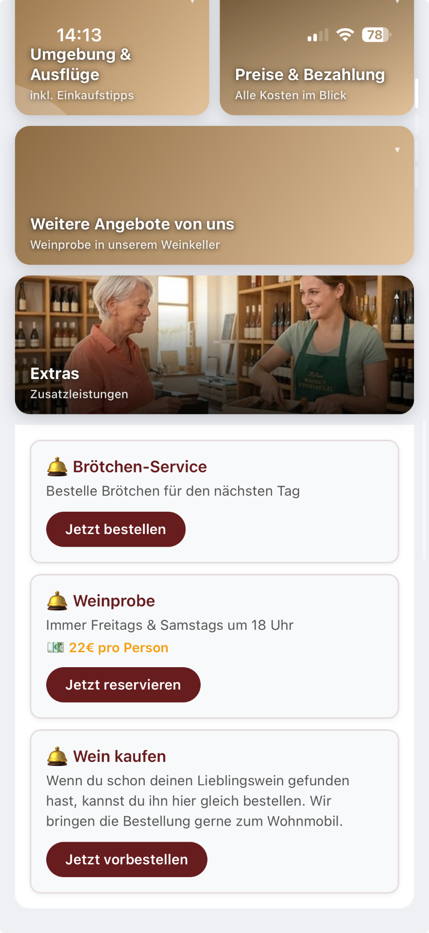 SlideCard Vino Extras – Brötchen, Weinprobe, Wein-Vorbestellung