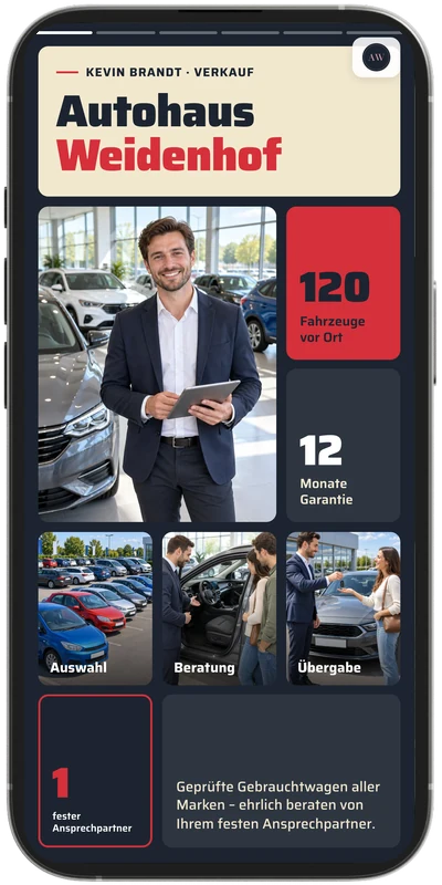 Musterkarte Autohaus Weidenhof – SlideCard für Autohaus