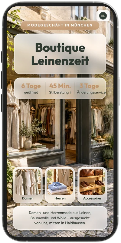 Musterkarte Boutique Leinenzeit – SlideCard für Modegeschäft