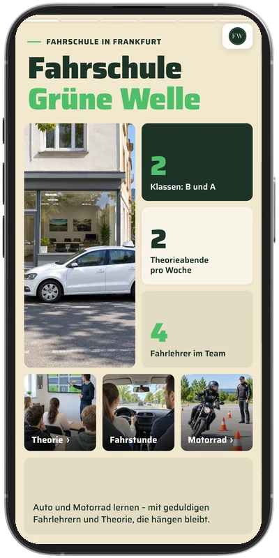 Musterkarte Fahrschule Grüne Welle – SlideCard für Fahrschule